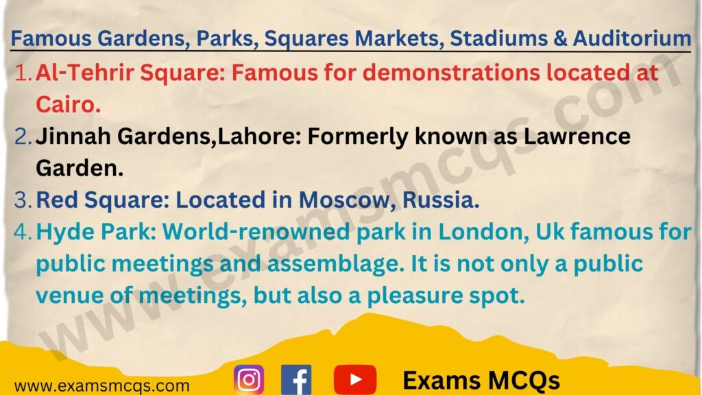 The image contain information related to famous gardens, parks, square markets, stadiums and auditorium.