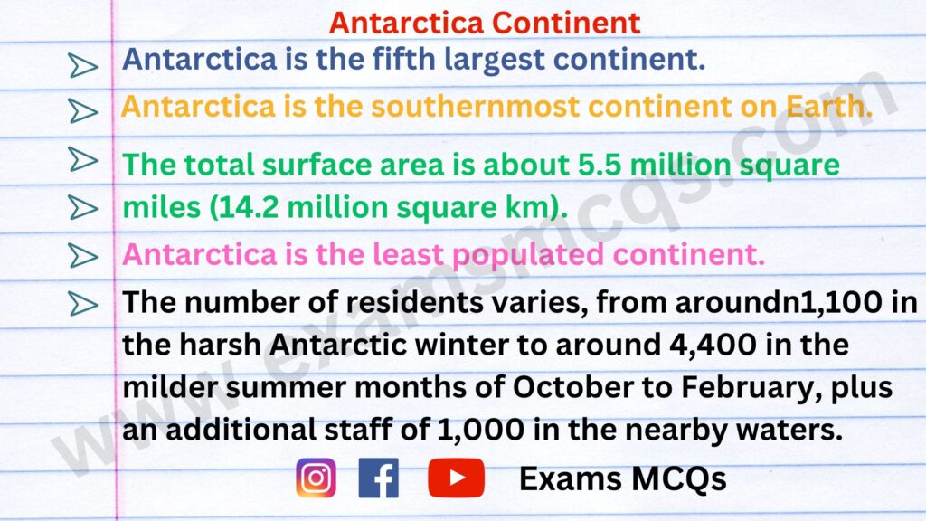 The image contain information about Antarctica continent available on exams mcqs.